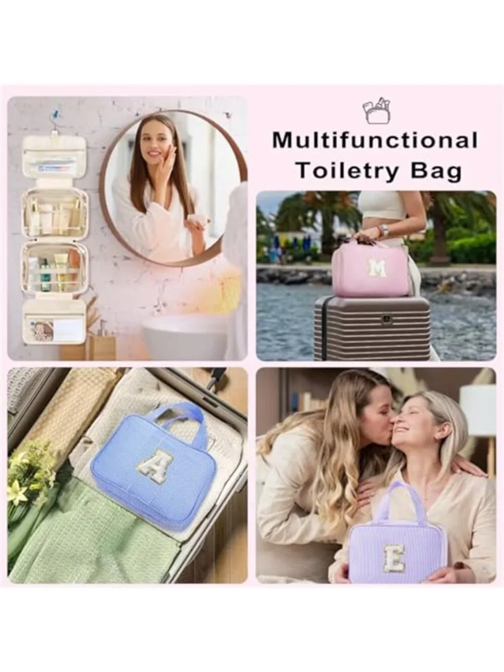 Pink Personalized Initial Hanging Toiletry Bag Travel Makeup Cosmetic Organizer